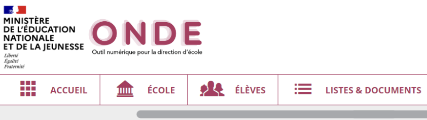 Bandeau de navigation ONDE V1 avec les grands boutons Accueil, École, Élèves et Listes et documents