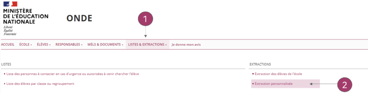 Bandeau de navigation ONDE V2 avec le menu Accueil, École, Élèves, Responsables et Listes et extractions